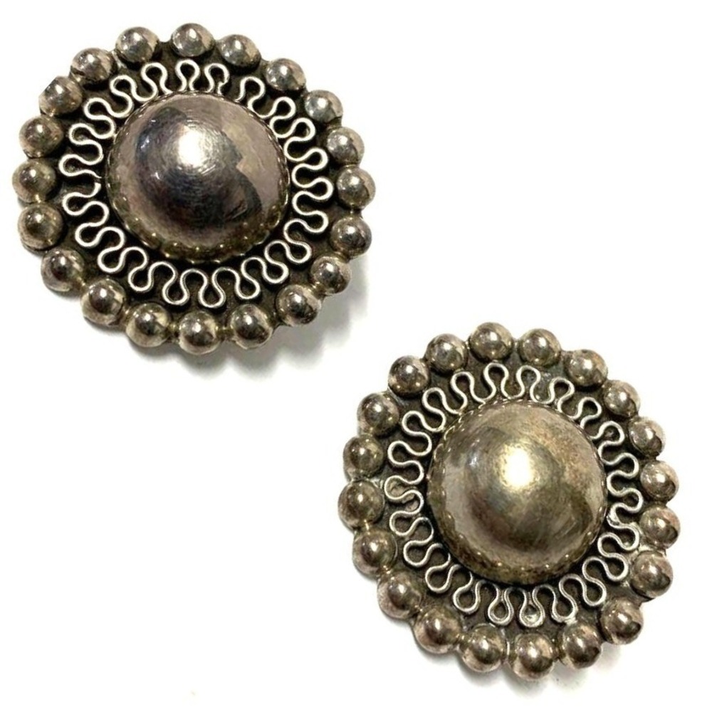 Taxco Vintage Clip-on Earrings Sterling Silver 925‎ MexicoMarked and Stamped